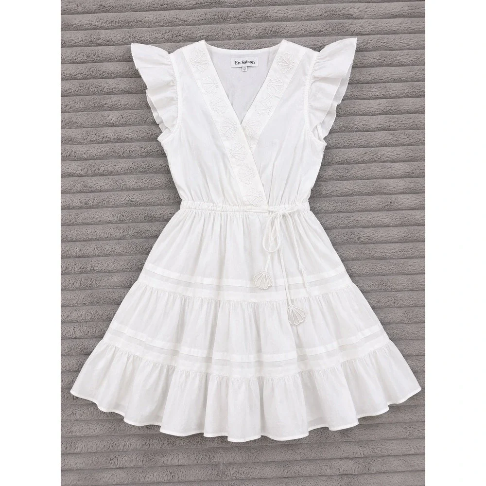 En Saison‎ Womens XS White Shell Ruffle Poplin Wrap Dress Coastal Summer Beach